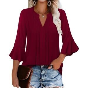 Youtalia Women’s 3/4 Sleeve Dressy Casual Business Work Blouse Chiffon Shirt Red